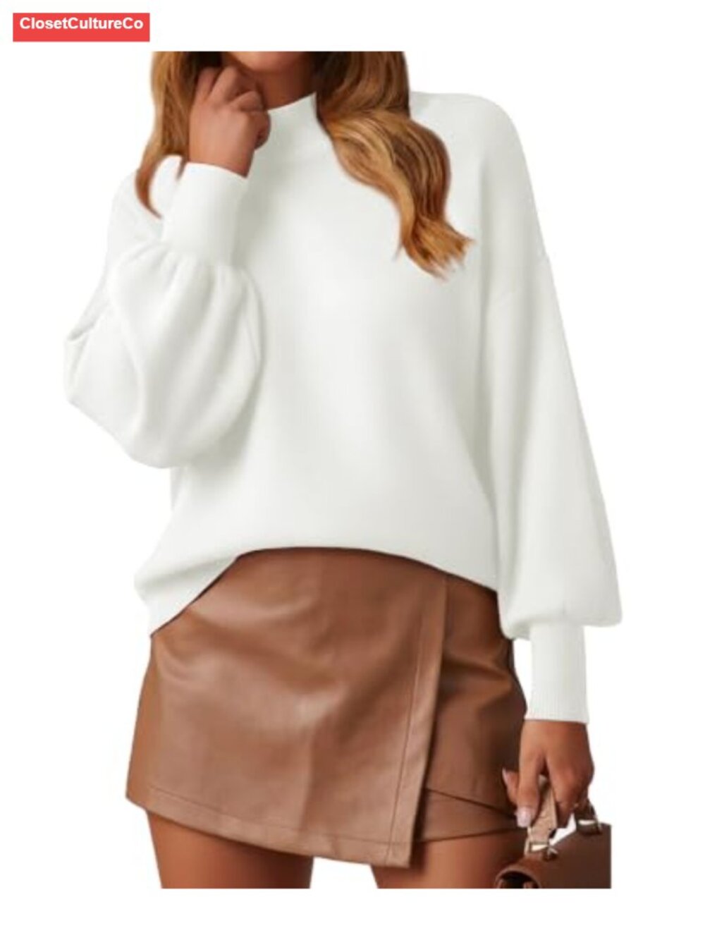 Mock Neck Sweater Long Lantern Sleeve Lightweight Knit Pullover